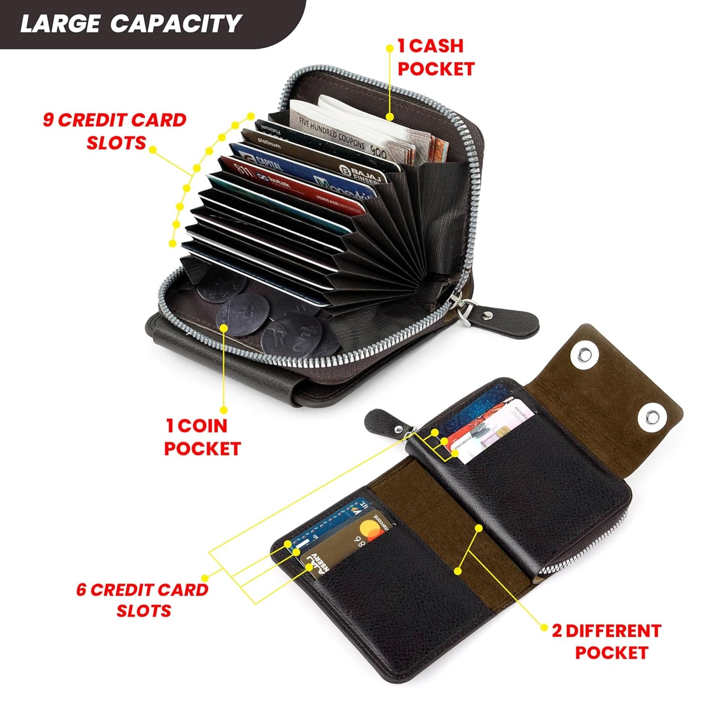Storite 15 Slots RFID Blocking Card Holder Zipper Wallet | Leather Flip Flop Cover| Unisex Wallet (Brown)