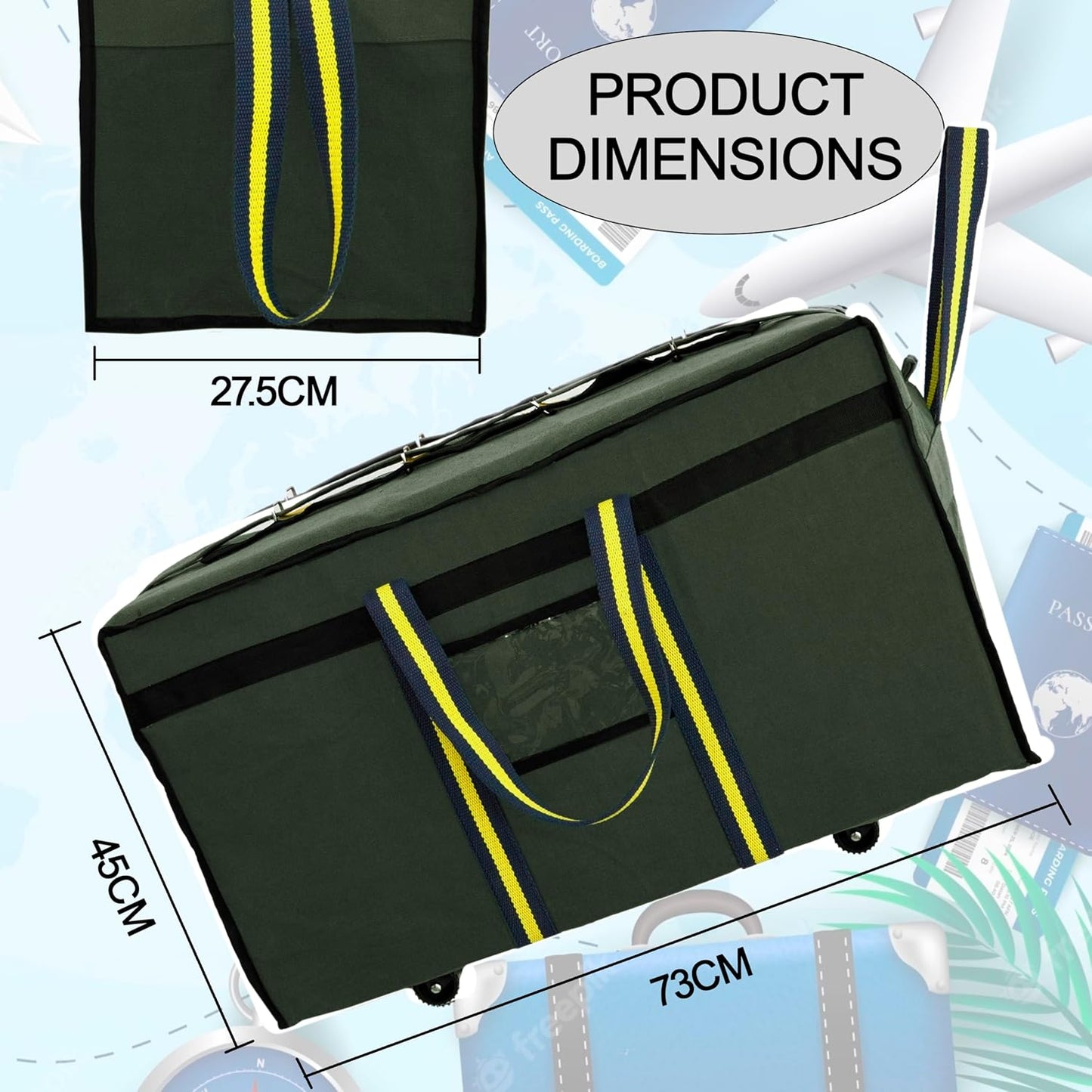 Storite Canvas 90 Liter Large Strong Travel Luggage Duffel Storage Bag with Six Wheels & Front Transparent Pocket (Blue,73 x 27.5 x 45 cm) (Olive Green)