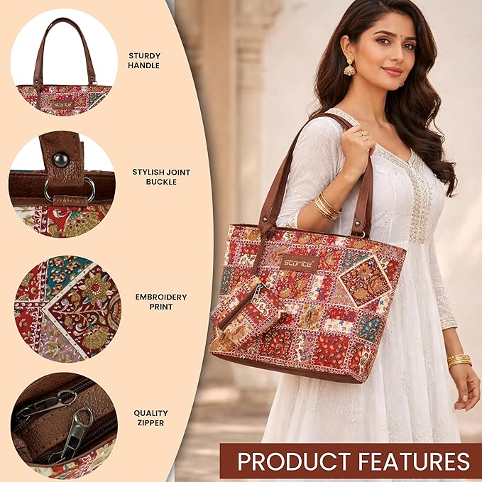 Storite Women's Tote Bag with Leather Handles and Embroidery Printed Handbag with Zip Pockets, Shoulder Tote Bag and Handbag for Office and College