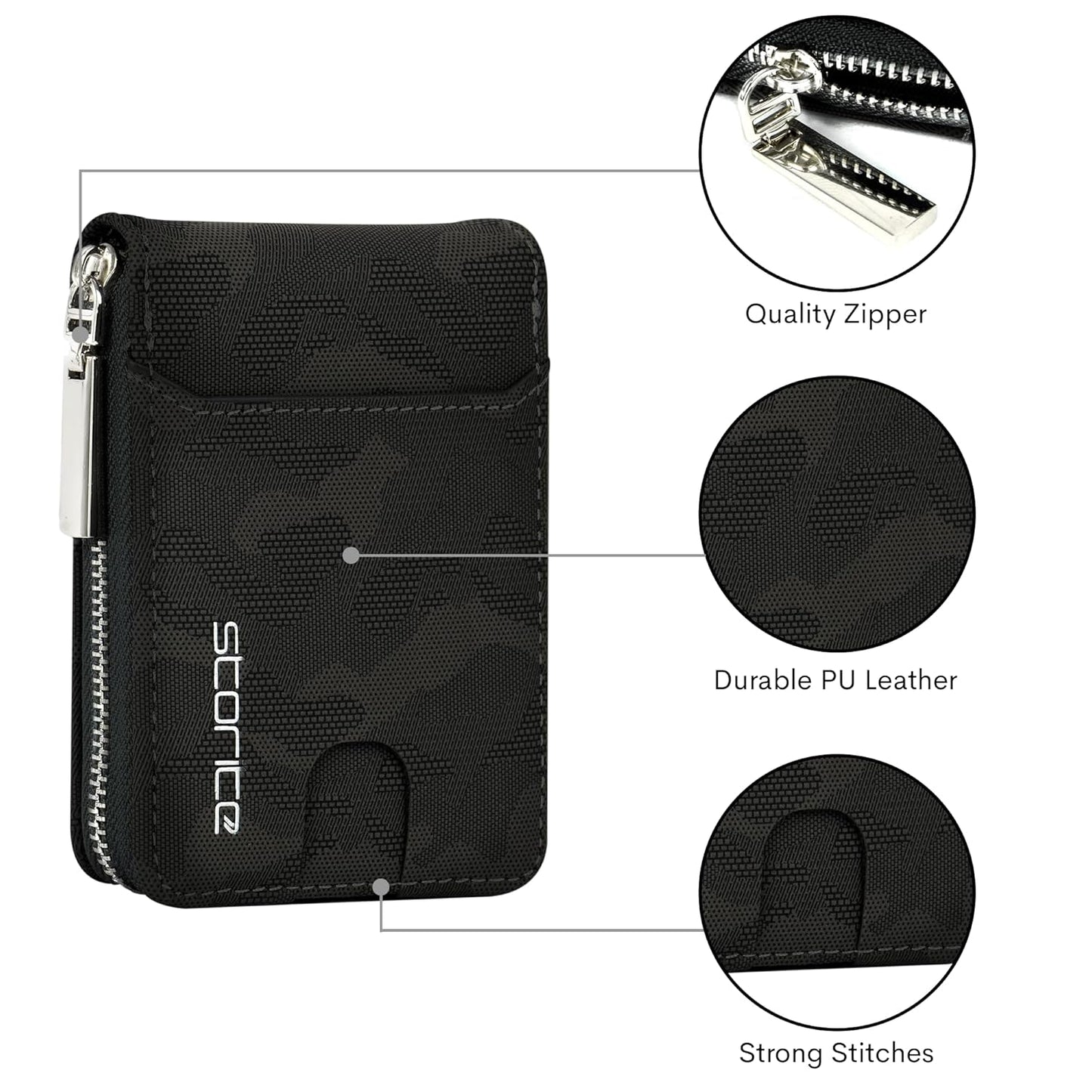 Storite PU Leather 9 Slot Vertical Credit Debit Card Holder Money Wallet Zipper Coin Purse for Men Women - (11.5 Cm X 8 Cm X 2Cm -Black)
