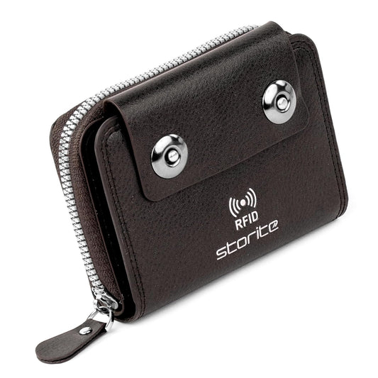 Storite 15 Slots RFID Blocking Card Holder Zipper Wallet | Leather Flip Flop Cover| Unisex Wallet (Brown)