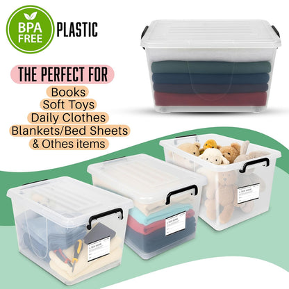 Storite 2 Pack 27 Ltr Multipurpose Plastic Storage Container Box With Small Rolling Wheels (Clear,Transparent),44 x 33 x 25 cm, Rectangular