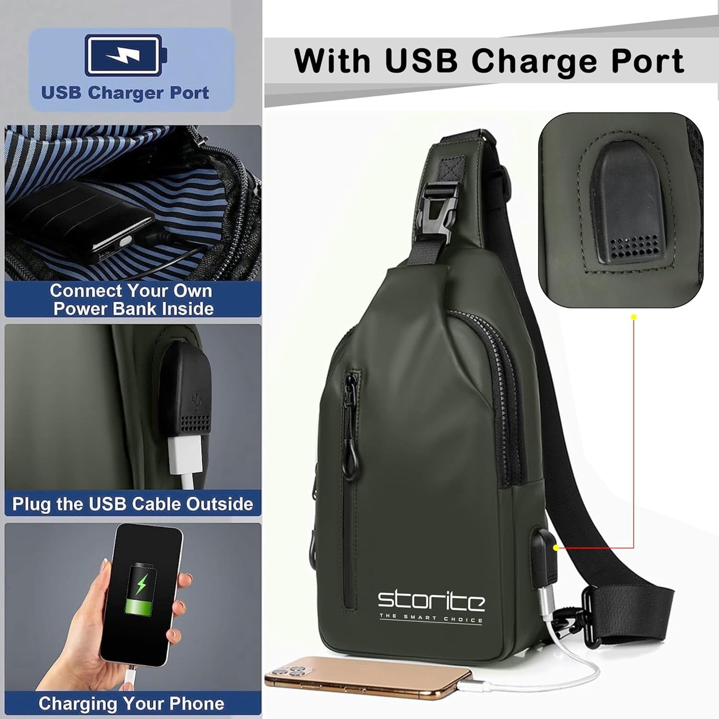 Storite Stylish Crossbody Sling Bag for Men and Women, Anti-Theft Chest Bag with USB Charging Port, Messenger Bags, Casual Shoulder Bag - Olive
