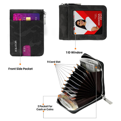 Storite PU Leather 9 Slot Vertical Credit Debit Card Holder Money Wallet Zipper Coin Purse for Men Women - (11.5 Cm X 8 Cm X 2Cm -Black)