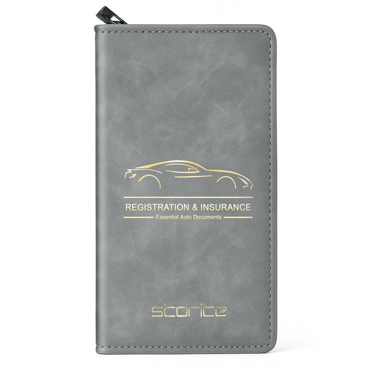 Storite Pu Leather Zipper Unique Car Registration and Insurance Card Holder, Vehicle License Document Glove Box Compartment Organizer for Men and Women - (Grey- 23 x 1 x 13.5cm)