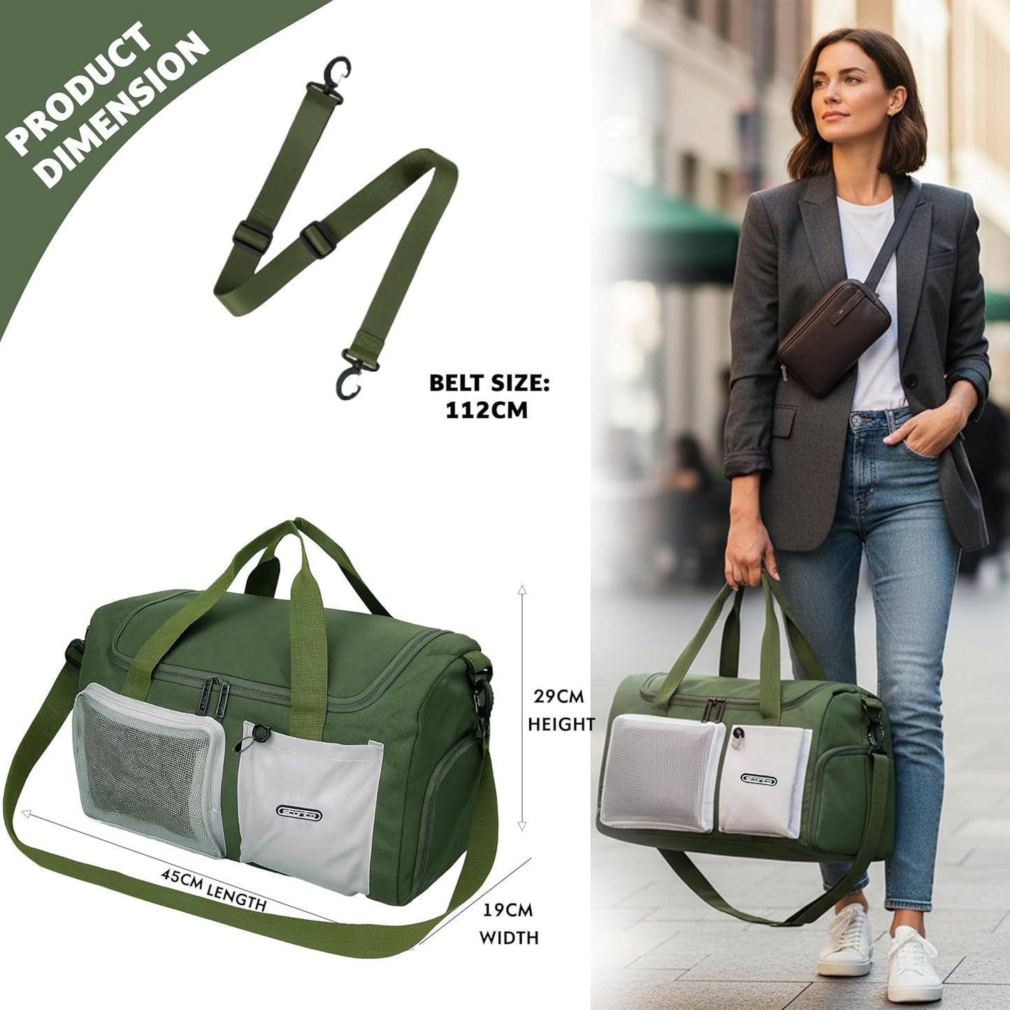 Storite 45cm Multipurpose Travel Duffle Bag for Women – Lightweight Nylon Weekender Overnight Bag with Mesh and Zipper Pockets, Shoe Compartment – Green (45 x 19 x 29 cm)