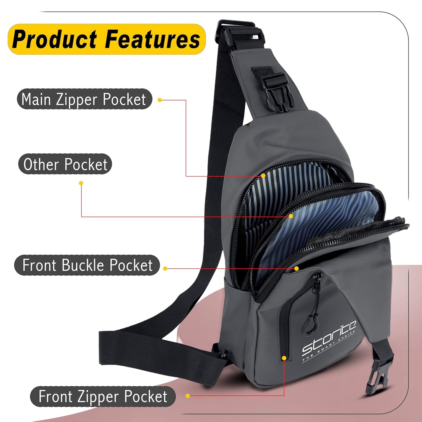 Storite Stylish Crossbody Sling Bag for Men and Women, Anti-Theft Chest Bag with USB Charging Port, Messenger Bags, Casual Shoulder Bag - Grey