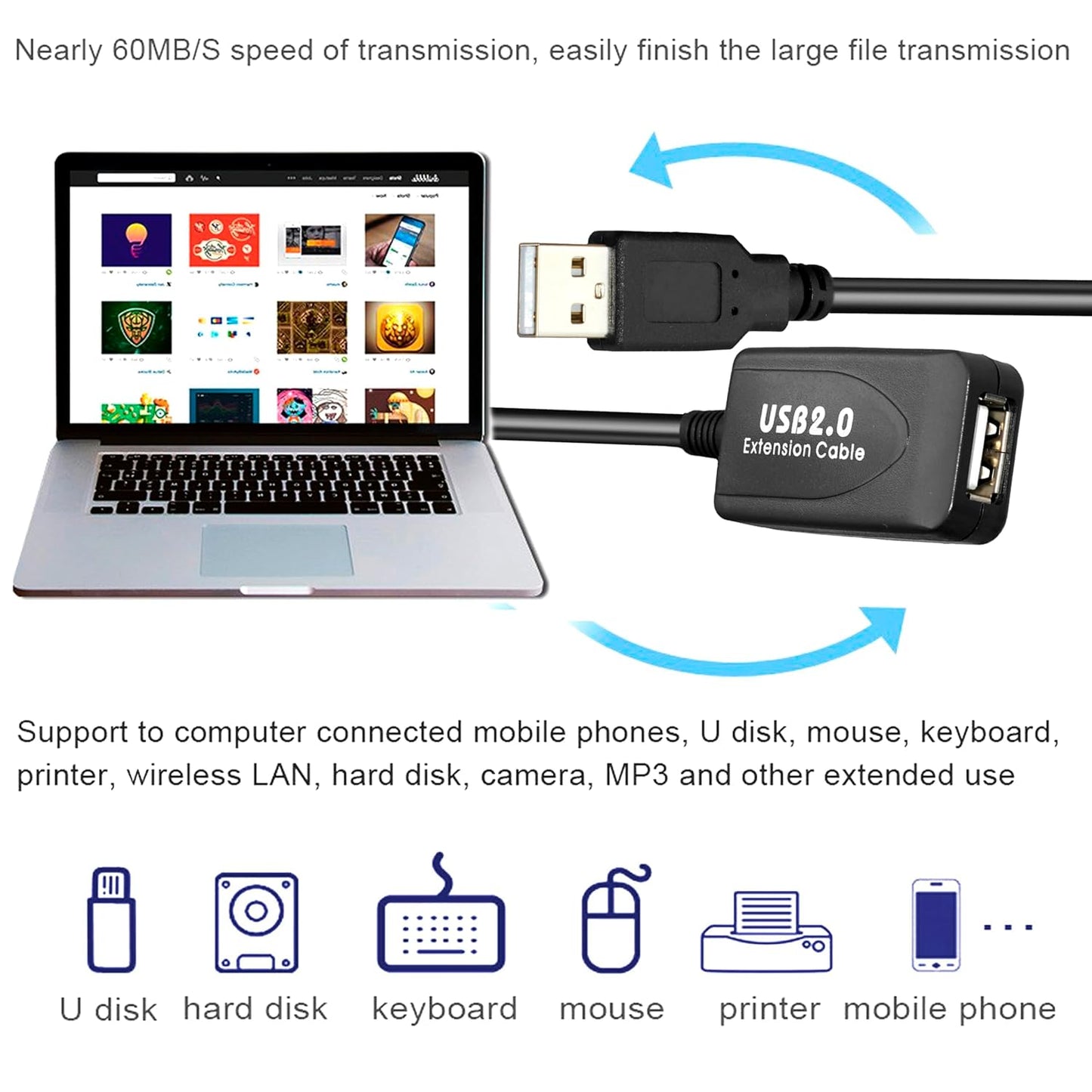Storite 10 M Active USB 2.0 Male to Female Active Extension/Repeater Cable, Data Transfer Cord Compatible with Printer, Camera, Webcam - Black