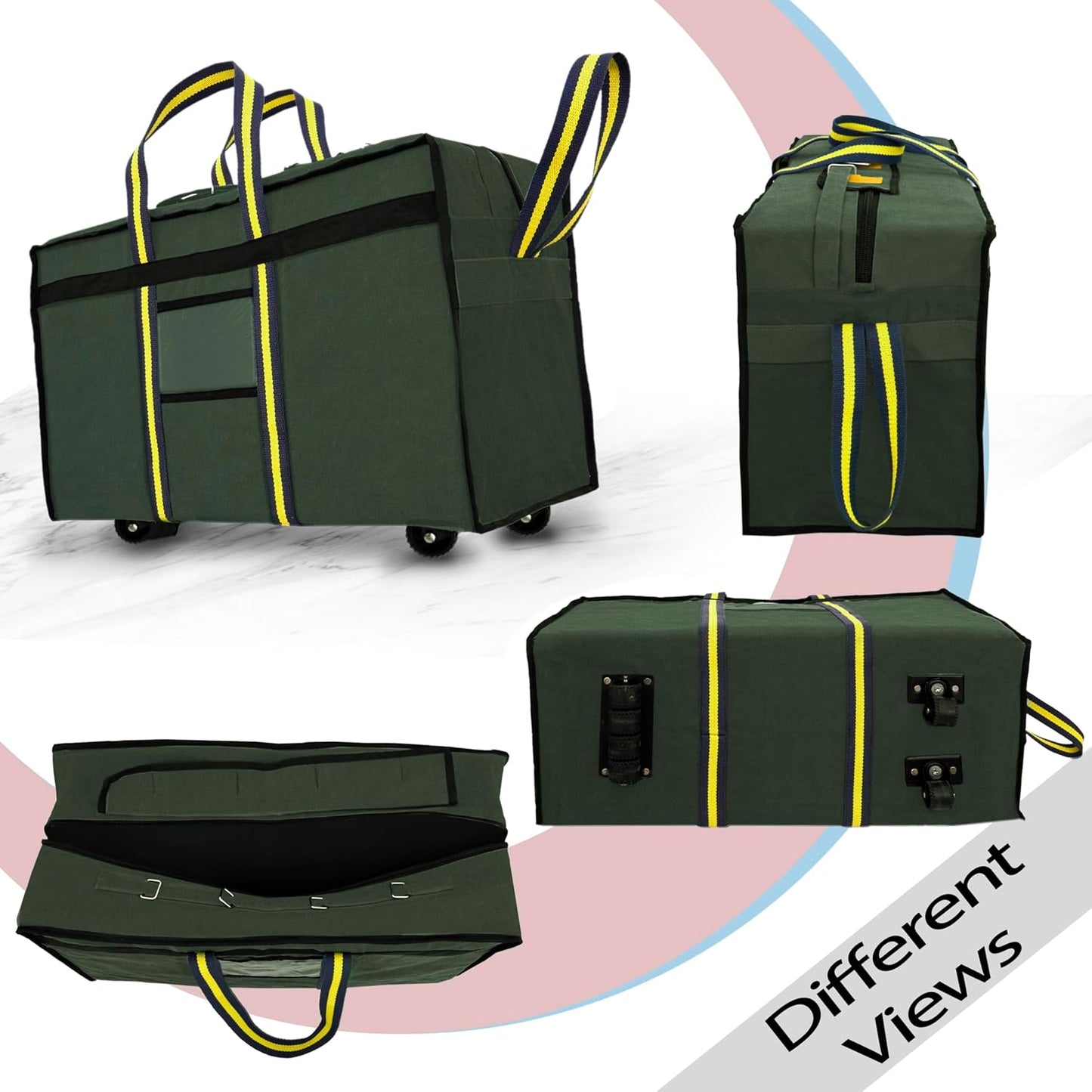 Storite Canvas 90 Liter Large Strong Travel Luggage Duffel Storage Bag with Six Wheels & Front Transparent Pocket (Blue,73 x 27.5 x 45 cm) (Olive Green)