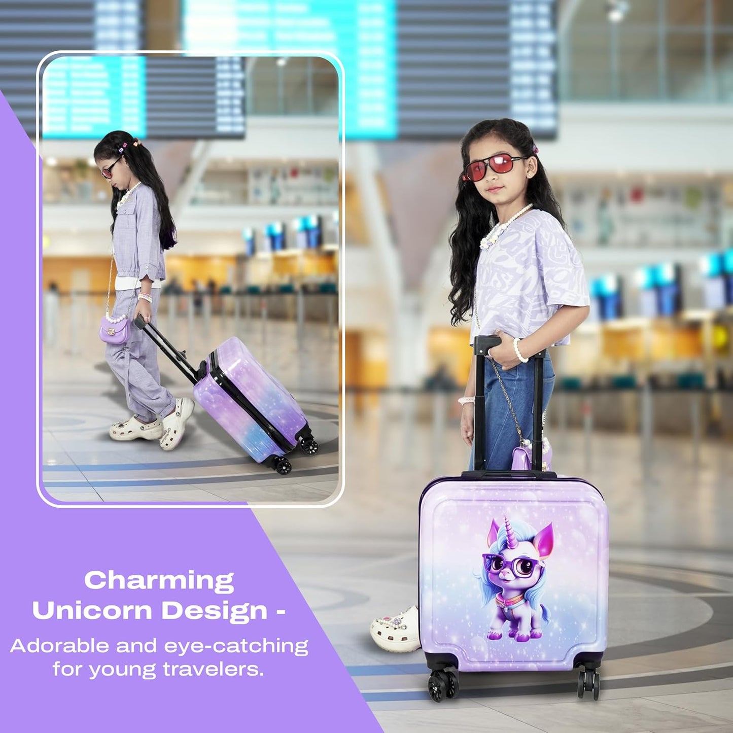 Storite 15 Inches Kids Trolley Bag Hard-Sided Polycarbonate Cute Unicorn Print Spinner Suitcase Cabin Luggage for Kids - Rainbow