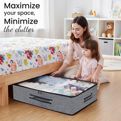 Storite Foldable Underbed Bag - Blankets Clothes Comforters Storage Bag Breathable Zippered Organizer for Bedroom with Clear Window and Handles