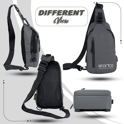 Storite Stylish Crossbody Sling Bag for Men and Women, Anti-Theft Chest Bag with USB Charging Port, Messenger Bags, Casual Shoulder Bag - Grey