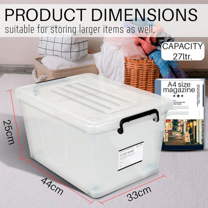 Storite 2 Pack 27 Ltr Multipurpose Plastic Storage Container Box With Small Rolling Wheels (Clear,Transparent),44 x 33 x 25 cm, Rectangular