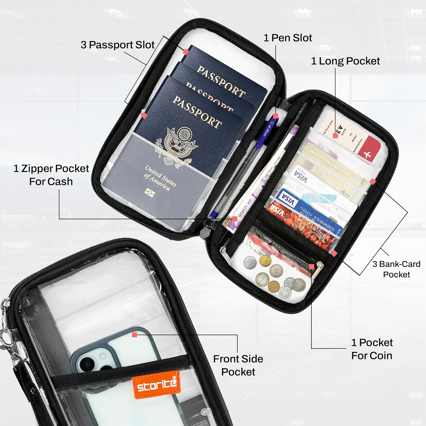Storite Transparent Travel Family Passport Holder Wallet Document Organizer Travel Accessories for Credit Debit Card Boarding Pass with Removable Hand Strap for Men and Women (Black-23 x 3 x 13 Cm)
