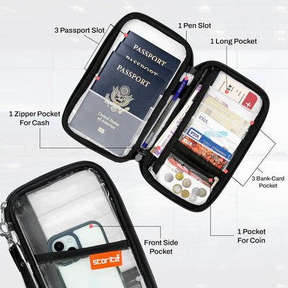 Storite Transparent Travel Family Passport Holder Wallet Document Organizer Travel Accessories for Credit Debit Card Boarding Pass with Removable Hand Strap for Men and Women (Black-23 x 3 x 13 Cm)