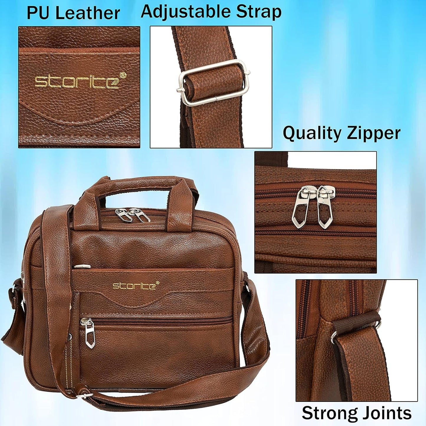 Storite 8 Inch Stylish Small PU Leather Sling Cross Body Travel Office One Side Shoulder Bag for Men Women - Coffee Brown (25 x 11 x 20 Cm)