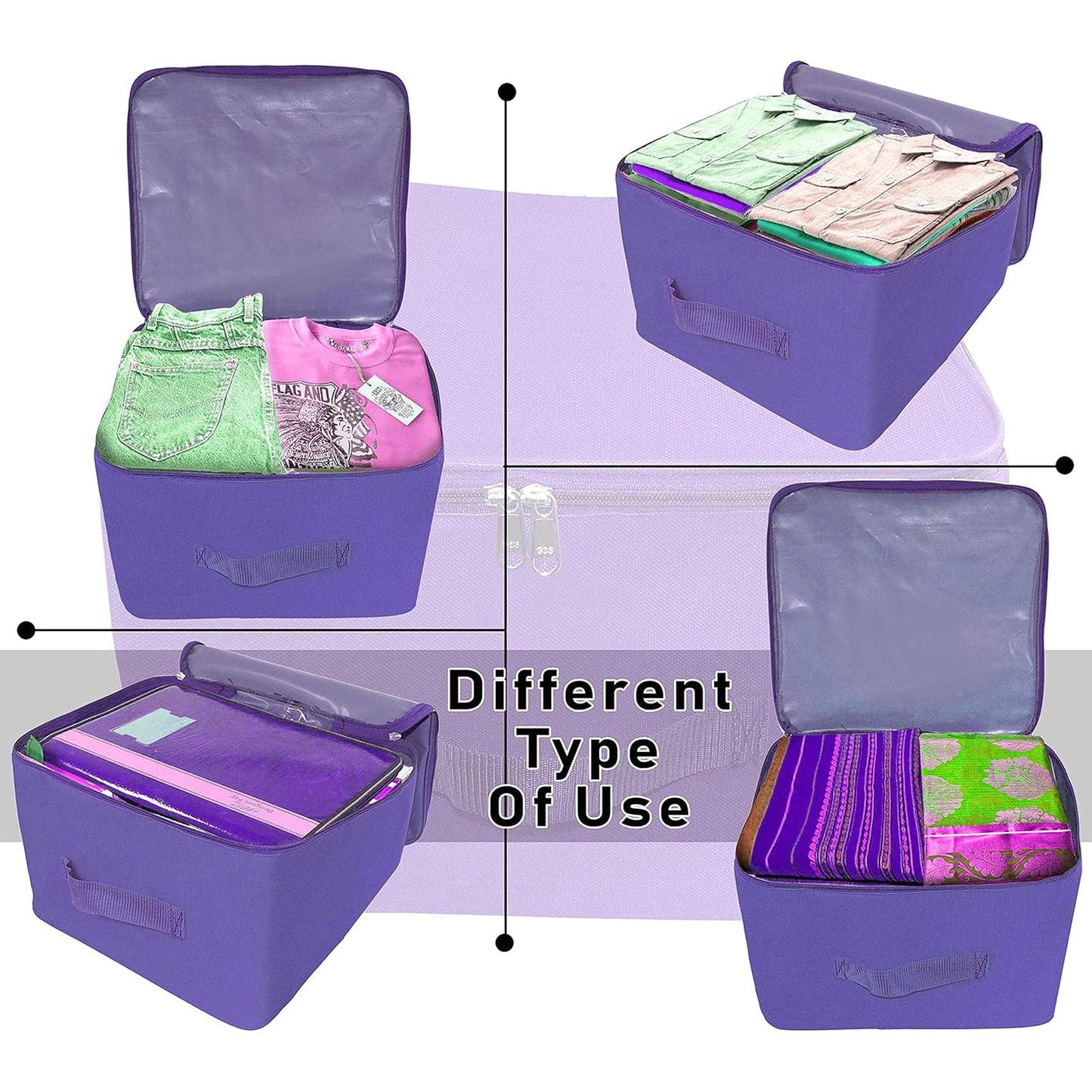 Storite 10 Pack Nylon Wardrobe Bag Underbed Moisture Proof Cloth Storage Organizer, Storage box for Clothes Saree Bags with Zippered Closure & Handle (Purple, 37x35x23 cm) Square