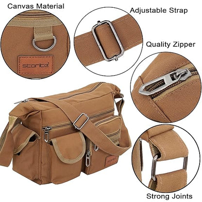 Storite Stylish Small Size Canvas Sling Cross Body Travel Bag for Men Women (29x11.5x22.5cm, Brown)