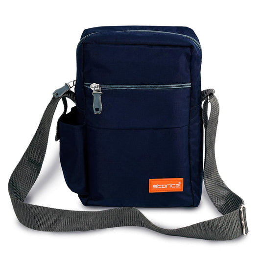 Storite 10 Inch Stylish Padded Mini Sling Bag for Men and Women, Small Passport Travel Bag and Small Sling Bag With Water Bottle Pocket (25 x 16 x 7.5cm, Navy Blue)