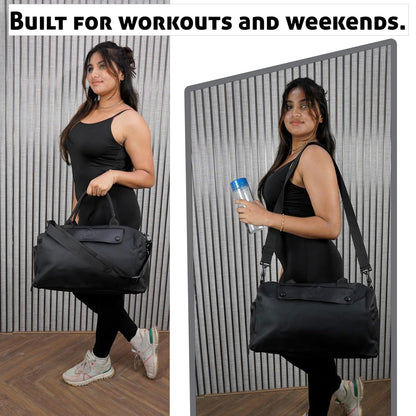 Storite Nylon 43 cm Travel Duffel Bag, Sports Gym Duffle Bag, Shoulder Handbag for Women, Outdoor Weekend Bag with Shoe and Wet Clothes Compartments (Black,43x23x19 cm)