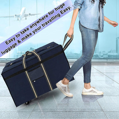 Storite Canvas 90 Liter Large Strong Carry-On Luggage Travel Luggage Duffel Storage Bag With Six Spinner Wheels & Front Transparent Pocket (Blue, 73 X 27.5 X 45 Cm)