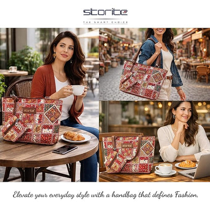 Storite Women's Tote Bag with Leather Handles and Embroidery Printed Handbag with Zip Pockets, Shoulder Tote Bag and Handbag for Office and College