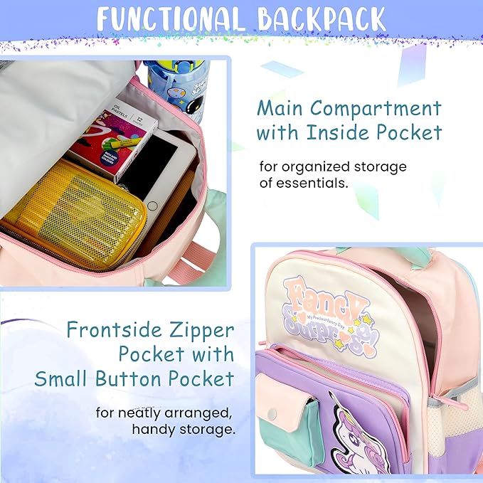 Storite Fancy Unicorn Kids Backpack – Lightweight and Comfortable School Bag for Girls, Suitable for Preschool and Primary Classes (Ages 3-8) - Purple and Cream