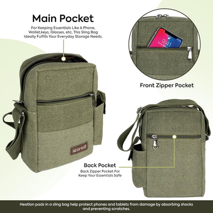 Storite Stylish Padded Canvas Small Sling Cross Body Travel Office One Side Shoulder Bag for Men Women (Green - 16 x 8 x 25.5 Cm)