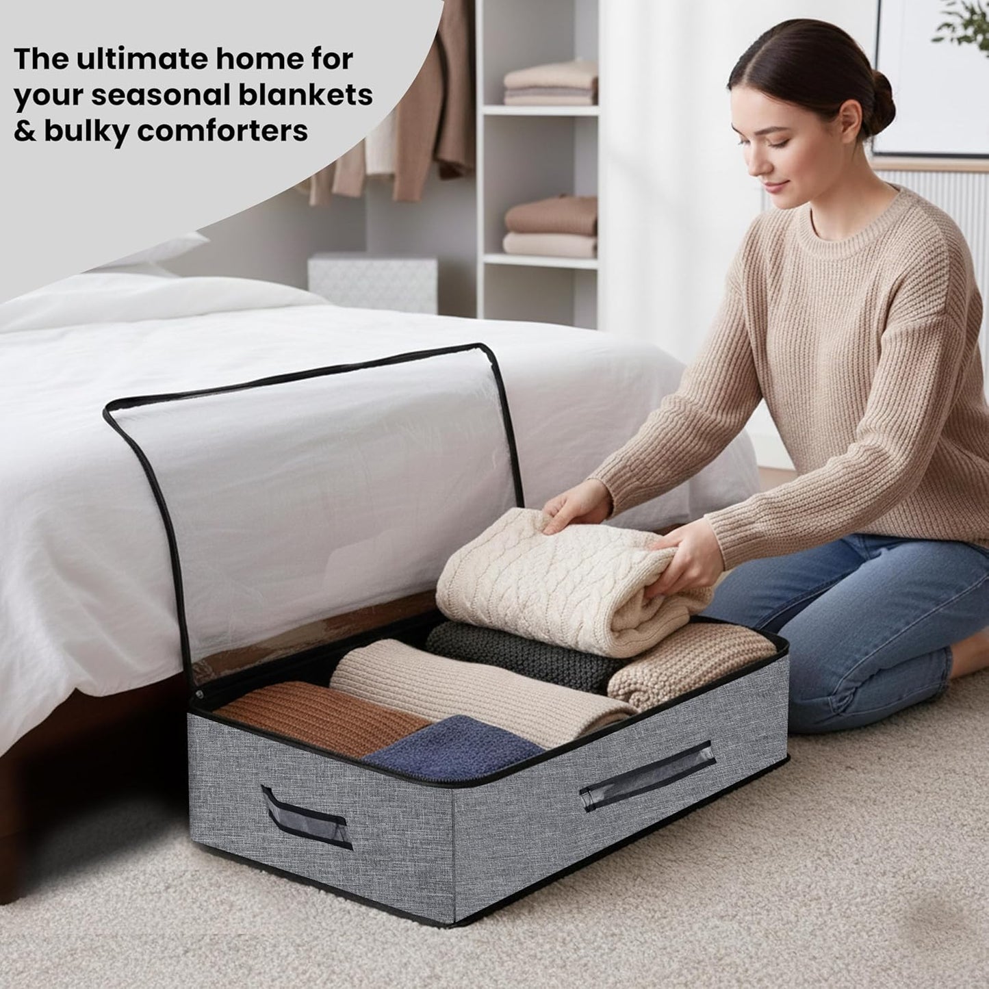 Storite Foldable Underbed Bag - Blankets Clothes Comforters Storage Bag Breathable Zippered Organizer for Bedroom with Clear Window and Handles