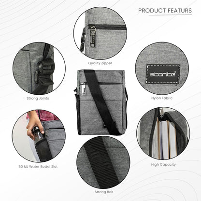 Storite Stylish Padded Small Nylon Sling Cross Body Travel Office Business Messenger One Side Shoulder Bag for Men Women - Grey (25 x 16 x 8 Cm)