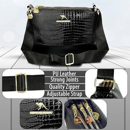 Storite Small PU Leather Women Tote Bag, Glossy Texture Fashionable & Party Sling Bag, Pillow Shoulder Crossbody Bag with Adjustable Strap-Black