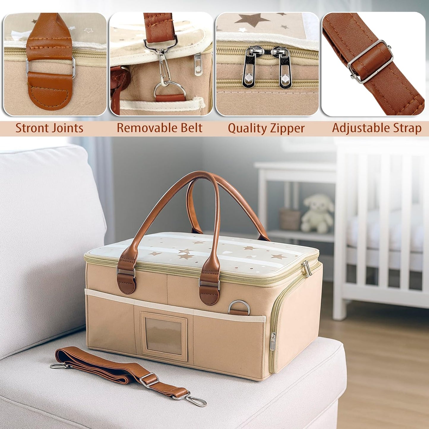 Storite Cute Felt Diaper Caddy Organizer Bag with Lid and Removable Shoulder Strap | Baby Basket Essentials for Newborn Baby Products Storage with Compartments | 40 x 27 x 19 cm | Model 2 – Beige