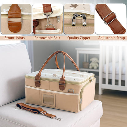 Storite Cute Felt Diaper Caddy Organizer Bag with Lid and Removable Shoulder Strap | Baby Basket Essentials for Newborn Baby Products Storage with Compartments | 40 x 27 x 19 cm | Model 2 – Beige