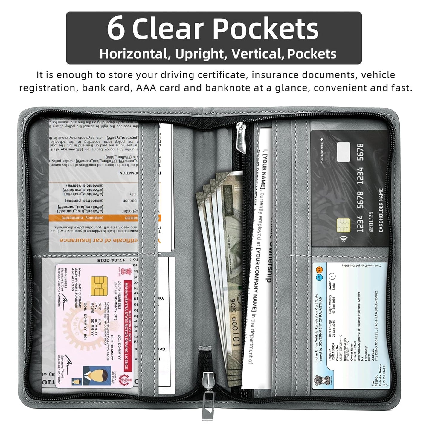 Storite Pu Leather Zipper Unique Car Registration and Insurance Card Holder, Vehicle License Document Glove Box Compartment Organizer for Men and Women - (Grey- 23 x 1 x 13.5cm)