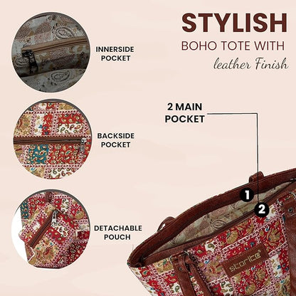 Storite Women's Tote Bag with Leather Handles and Embroidery Printed Handbag with Zip Pockets, Shoulder Tote Bag and Handbag for Office and College
