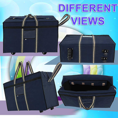 Storite Canvas 90 Liter Large Strong Carry-On Luggage Travel Luggage Duffel Storage Bag With Six Spinner Wheels & Front Transparent Pocket (Blue, 73 X 27.5 X 45 Cm)