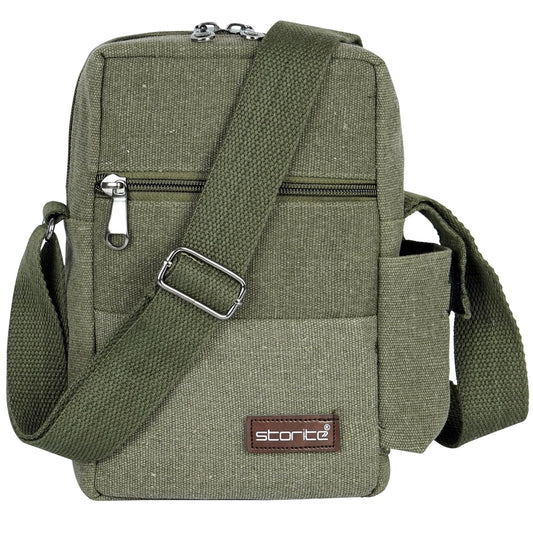 Storite Stylish Padded Canvas Small Sling Cross Body Travel Office One Side Shoulder Bag for Men Women (Green - 16 x 8 x 25.5 Cm)