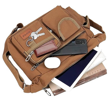 Storite Stylish Small Size Canvas Sling Cross Body Travel Bag for Men Women (29x11.5x22.5cm, Brown)