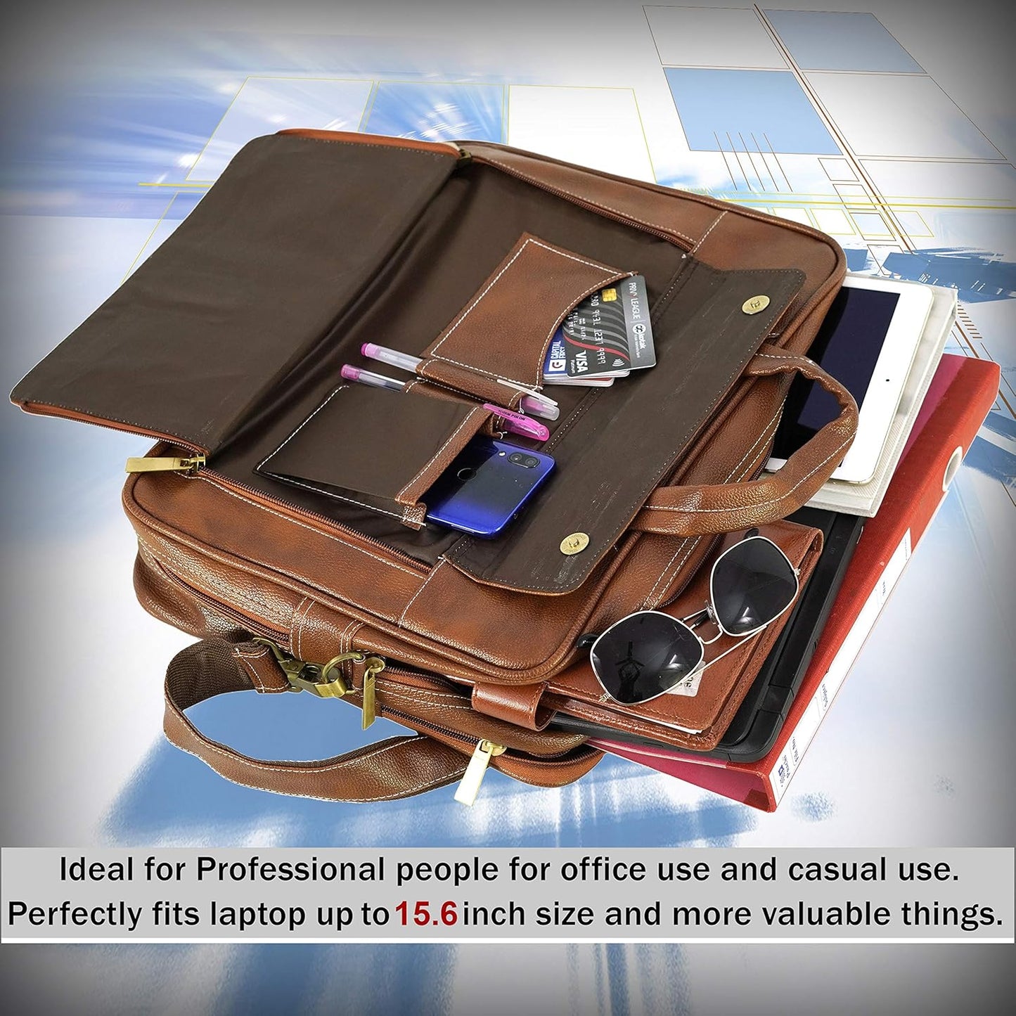 Storite Multi-Pocket 15.6 Inch PU Leather Laptop Bag for Men, Shoulder Sling Business Messenger Office Bag Carrying Notebook, Tablet Handbags for Women