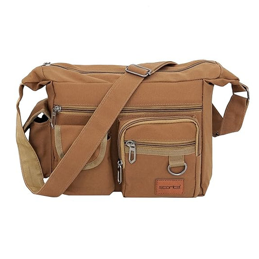 Storite Stylish Small Size Canvas Sling Cross Body Travel Bag for Men Women (29x11.5x22.5cm, Brown)