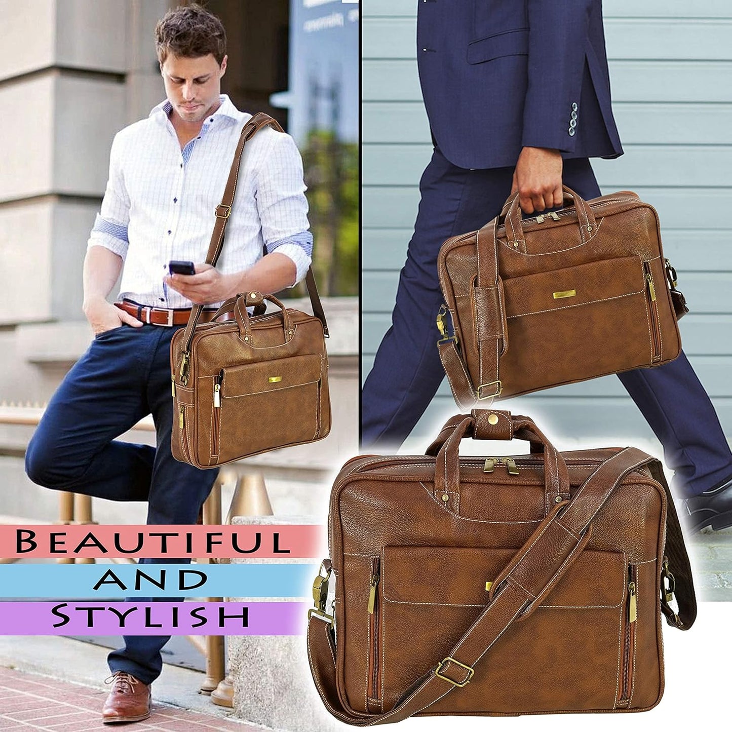 Storite Multi-Pocket 15.6 Inch PU Leather Laptop Bag for Men, Shoulder Sling Business Messenger Office Bag Carrying Notebook, Tablet Handbags for Women