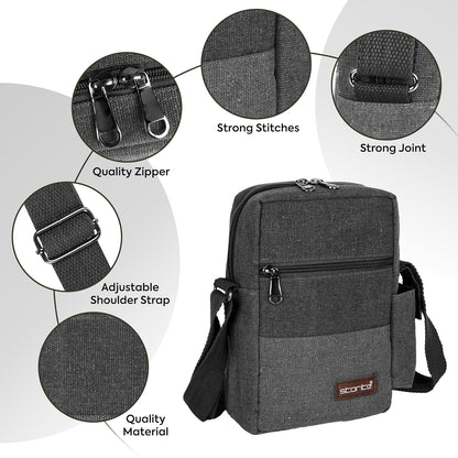 Storite Stylish Padded Canvas Small Sling Cross Body Travel Office One Side Shoulder Bag for Men Women (16 x 8 x 25.5 Cm) (Grey)