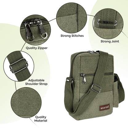 Storite Stylish Padded Canvas Small Sling Cross Body Travel Office One Side Shoulder Bag for Men Women (Green - 16 x 8 x 25.5 Cm)