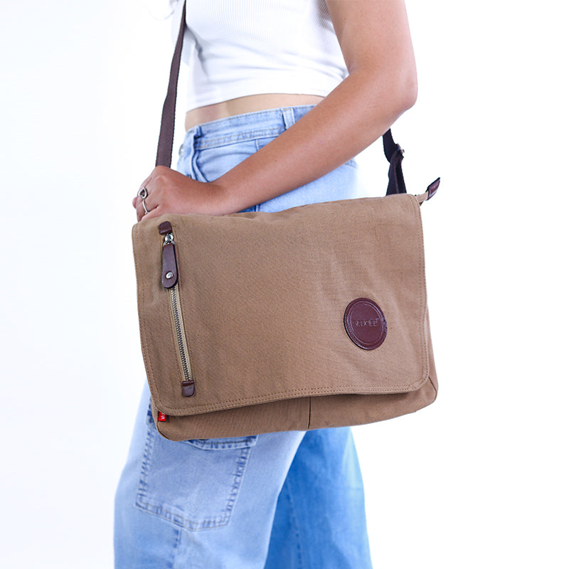 Storite Canvas Crossbody Messenger Bag - Brown, 33 × 6.5 × 27 cm