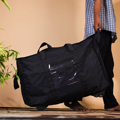 Storite 70cm Nylon Travel Duffle Bag with 5 Wheels & Front Transparent Pocket - Black