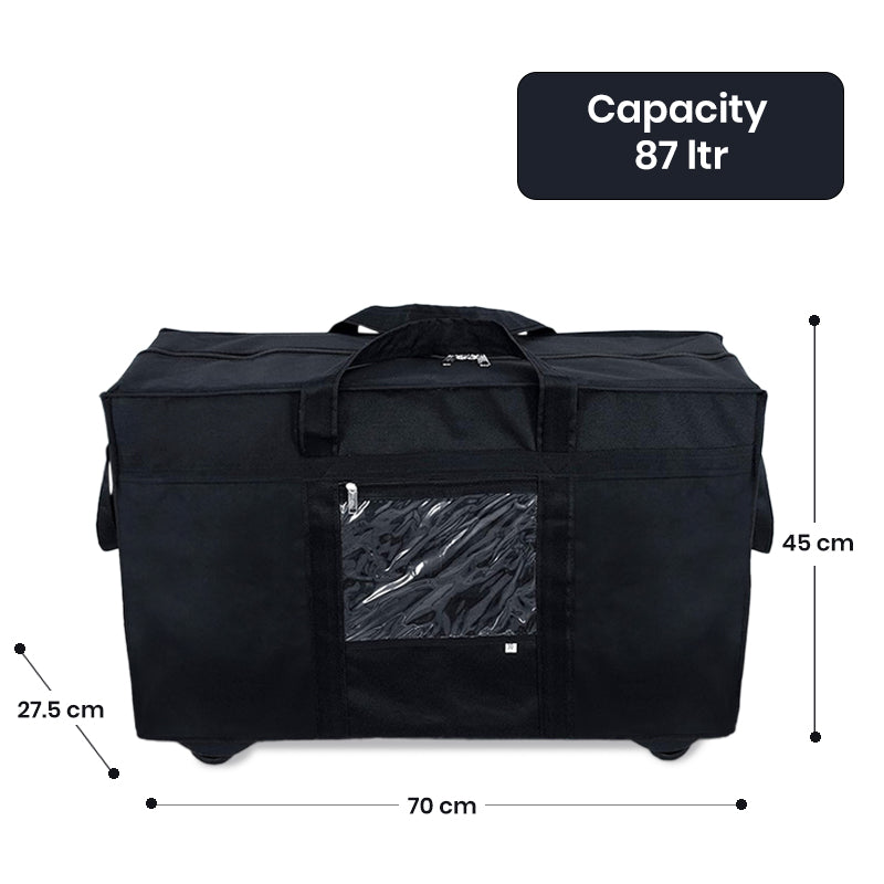 Storite 70cm Nylon Travel Duffle Bag with 5 Wheels & Front Transparent Pocket - Black