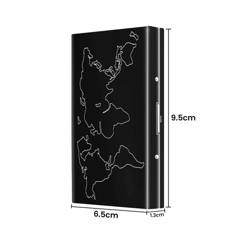 Storite 6-Slot RFID Metal Card Holder with Black Laser-Printed World Map