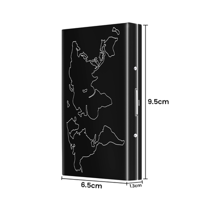 Storite 6-Slot RFID Metal Card Holder with Black Laser-Printed World Map