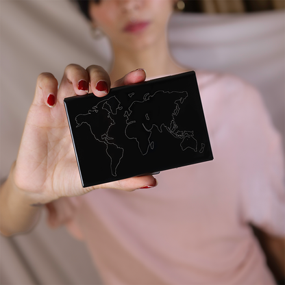 Storite 6-Slot RFID Metal Card Holder with Black Laser-Printed World Map