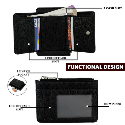 Storite Zipper Wallet for Women with RFID Protection – Elegant & Compact Design & Easy to Fit in Pocket,5 Card Slots,1 ID Window Mini Purse Money Pocket with Button Closure - Black